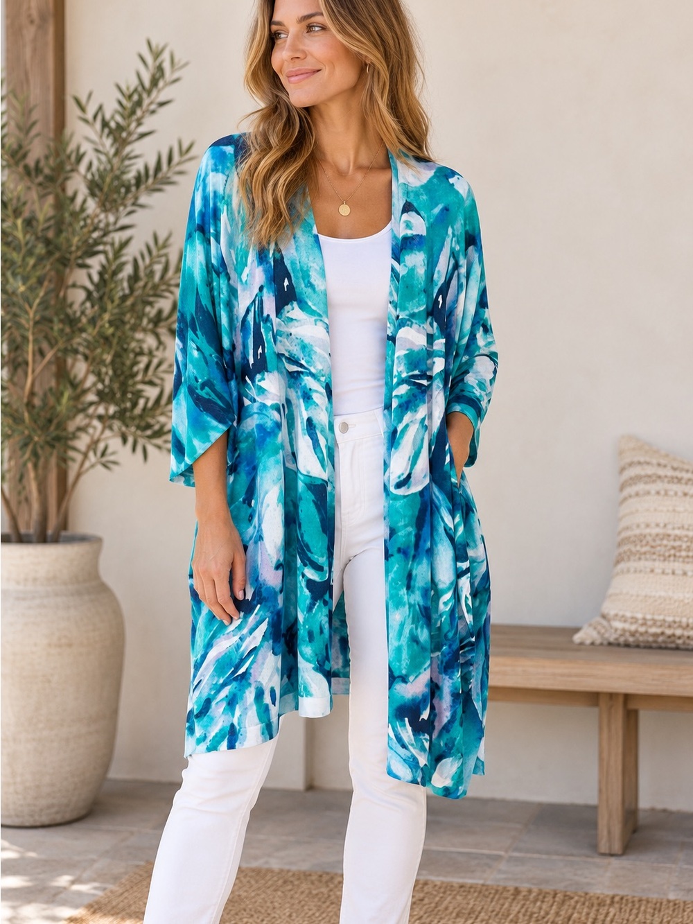 Chico's NWT Breezy Printed Convertible Cardigan Sweater 3/4 Sleeve Blue Size 2